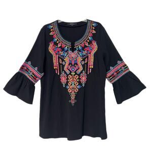 Caleoas Embroidered Tunic Women’s Large Black Multicolor Top Peasant Cottagecore